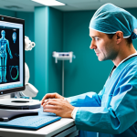 A highly skilled professional surgeon, fully clothed in modern, modest surgical scrubs and a cap, is intensely focused at the ergonomic console of a state-of-the-art robotic surgery system. In the background, sophisticated robotic arms are performing precise, delicate movements within a sterile, brightly lit operating room. Advanced digital displays show intricate 3D anatomical models and real-time medical data. The scene emphasizes precision, technological advancement, and a controlled environment. perfect anatomy, correct proportions, natural pose, well-formed hands, proper finger count, natural body proportions, appropriate attire, professional dress, safe for work, appropriate content, professional, high quality medical photography.