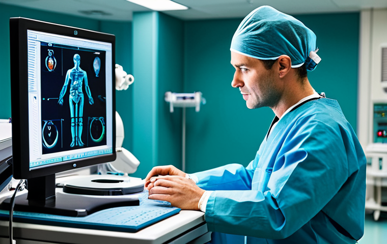 A highly skilled professional surgeon, fully clothed in modern, modest surgical scrubs and a cap, is intensely focused at the ergonomic console of a state-of-the-art robotic surgery system. In the background, sophisticated robotic arms are performing precise, delicate movements within a sterile, brightly lit operating room. Advanced digital displays show intricate 3D anatomical models and real-time medical data. The scene emphasizes precision, technological advancement, and a controlled environment. perfect anatomy, correct proportions, natural pose, well-formed hands, proper finger count, natural body proportions, appropriate attire, professional dress, safe for work, appropriate content, professional, high quality medical photography.