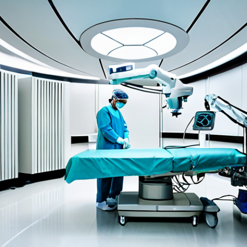 Modern Robotic Surgery Suite**

"A bright and modern operating room featuring a state-of-the-art surgical robot system. A team of fully clothed medical professionals (doctors and nurses) are present, focused on the robotic console. The patient is not visible. The environment is clean and sterile. safe for work, appropriate content, fully clothed, professional setting, perfect anatomy, correct proportions, well-lit, high resolution, medical illustration."

**
