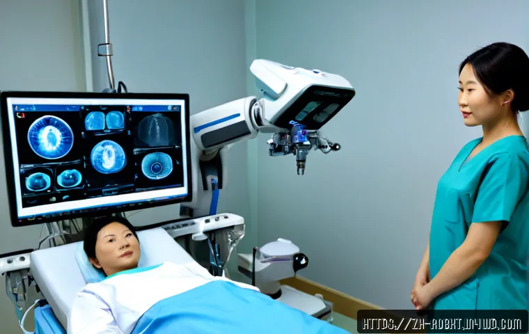 로봇 수술 시스템 사용법  초보자 가이드 - Photorealistic modern operating room, a beginner surgeon in clean surgical scrubs seated at a roboti...