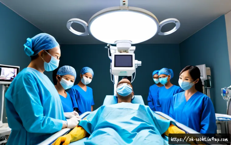 로봇 수술 시스템의 기술적 발전 사례 - Photorealistic advanced robotic surgery system in a pristine modern operating room, articulated surg...
