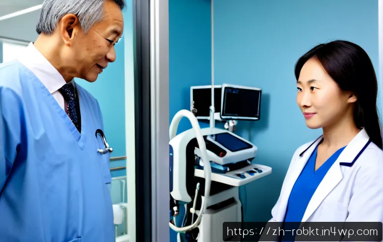 로봇 수술 시스템을 위한 최적의 병원 선택하기 - Photorealistic modern hospital consultation room, an older adult patient and family member calmly sp...