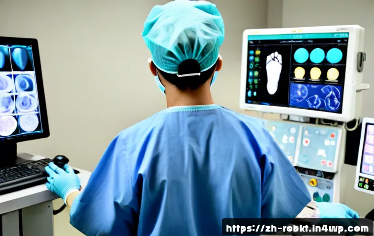 로봇 수술 시스템의 사용자 인터페이스 분석 - Photorealistic robotic surgery control console in a modern sterile operating room, close three-quart...