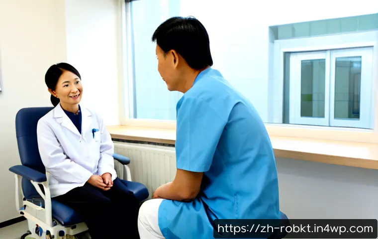 로봇 수술 시스템의 환자 및 의료진 인터뷰 사례 - Photorealistic patient interview in a bright modern hospital consultation room, middle-aged East Asi...
